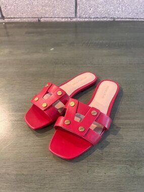 Veronica Beard Red Leather Slide Sandals With Gold Studs 6.5M